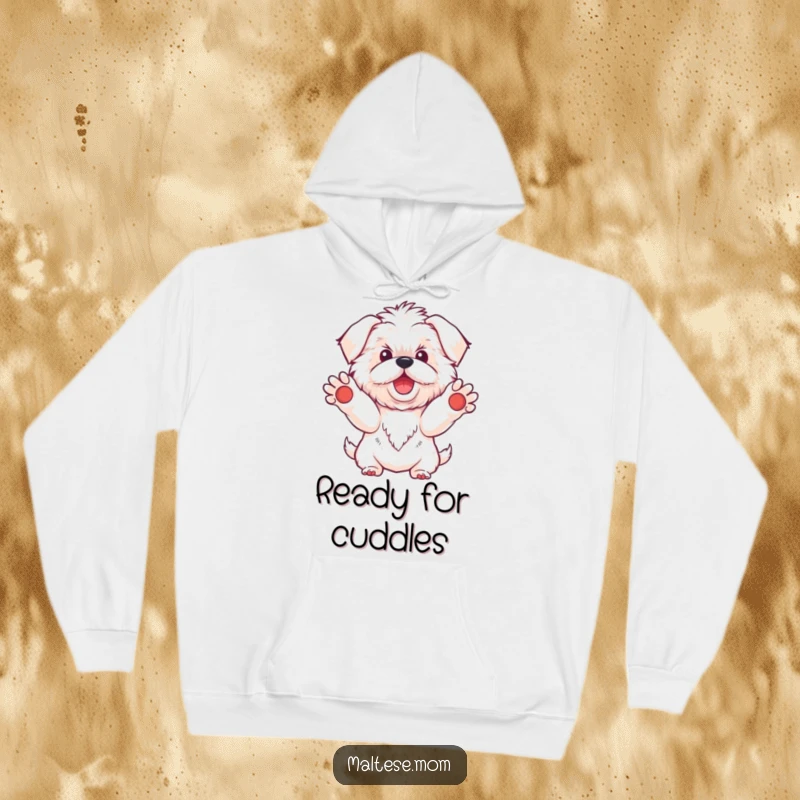 Funny Kawaii Maltese dog hoodie, illustration of a cute white dog with paws outstretched in a welcoming gesture, soft and inviting.