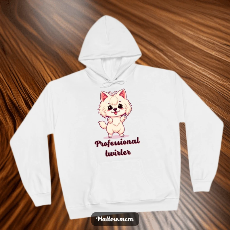 Funny Maltese Hoodie depicting a lady dog caught in a delightful, excited spin, perfect for screen readers to visualize pure puppy happiness.