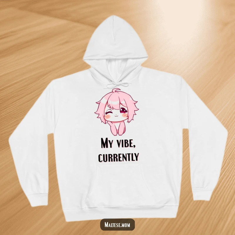 Funny hoodie showcasing a cute character with a tiny, sweet smile and a slight head tilt, offering comfort and adorable charm.