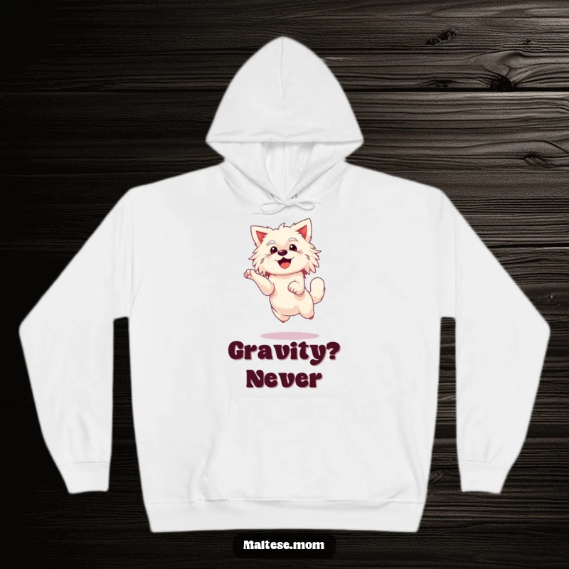 Funny Maltese lady dog hoodie, doing an enthusiastic leap, cozy and uplifting.