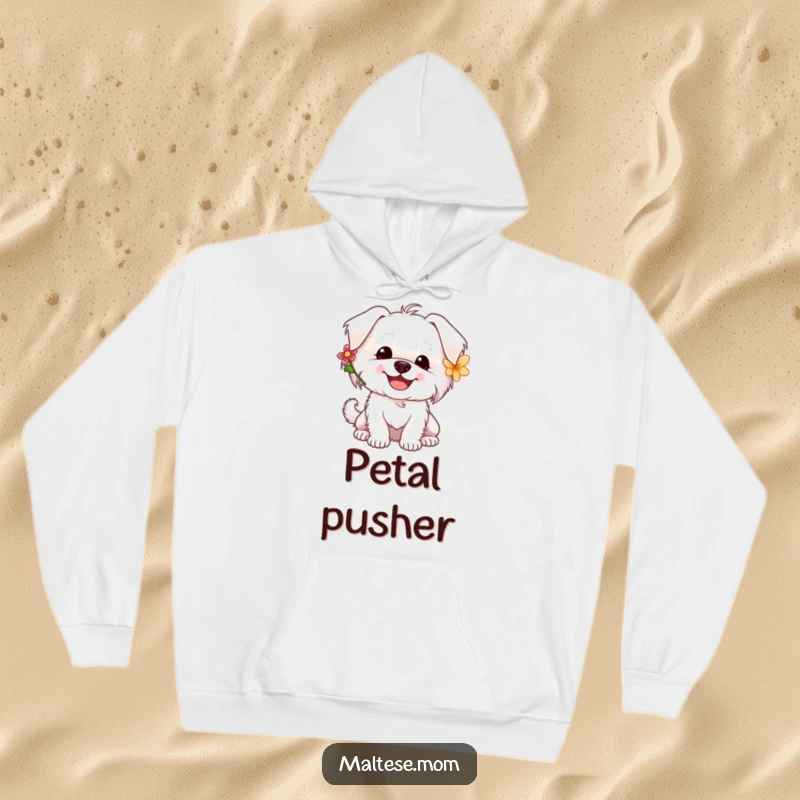 Funny Maltese dog hoodie showing a happy white dog with a flower behind its ear, tail wagging with glee.