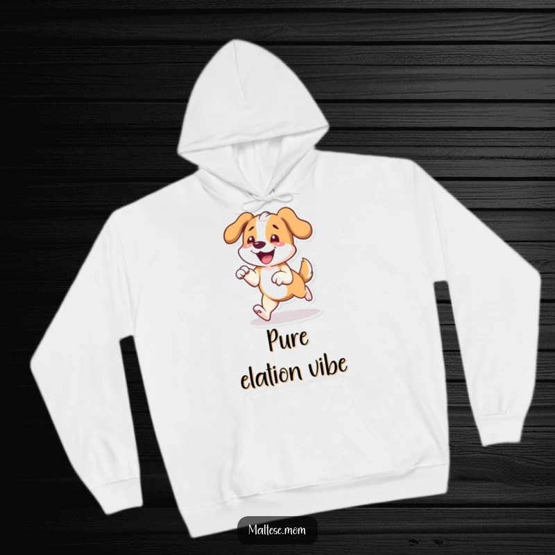 Funny, cozy hoodie depicting a dog character joyfully prancing with front paws slightly off the ground, radiating pure excitement.