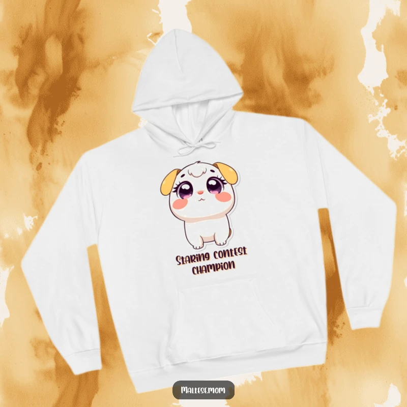 Funny hoodie design of a small, charming character gazing upwards with large, expressive adoring eyes, offering cozy comfort and adorable appeal.