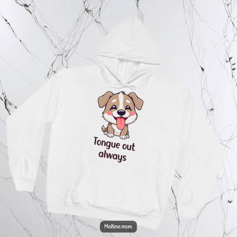 Funny, cozy hoodie featuring a dog character with a happy, goofy expression and its tongue peeking out, radiating pure joy.