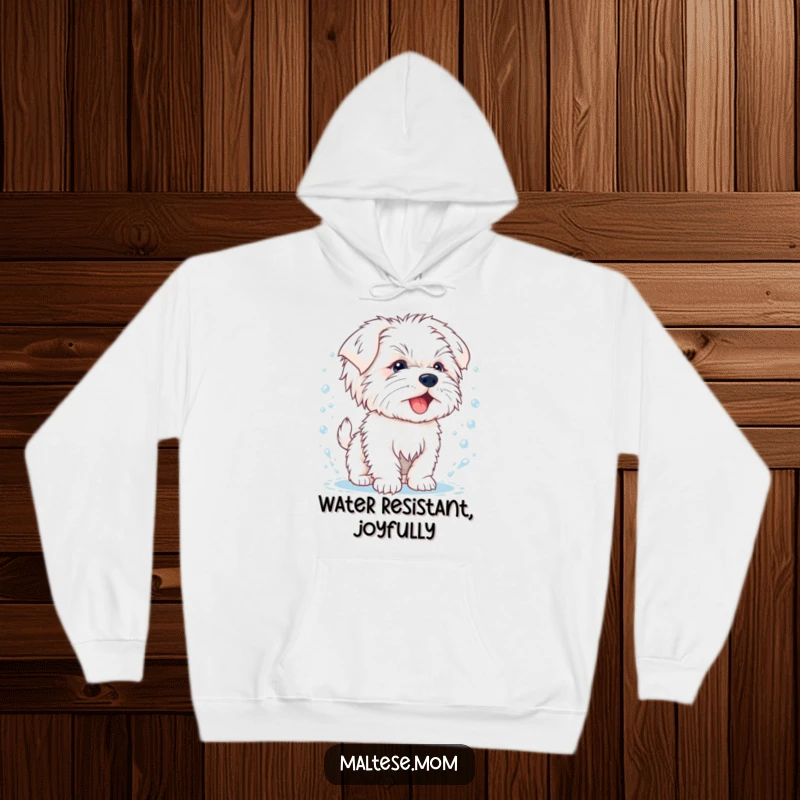 Funny hoodie featuring a happy Maltese puppy energetically shaking off water droplets, designed for warmth and playful vibes.