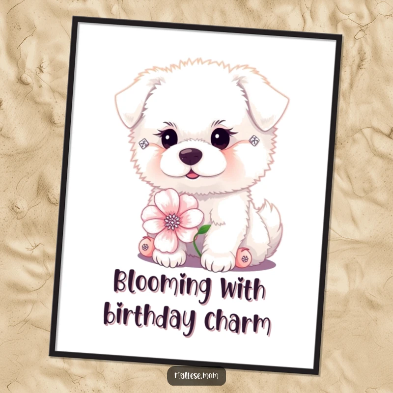 Funny free printable wall art: a tiny fluffy white dog adorned with diamond earrings poses delicately with a single, beautiful flower.
