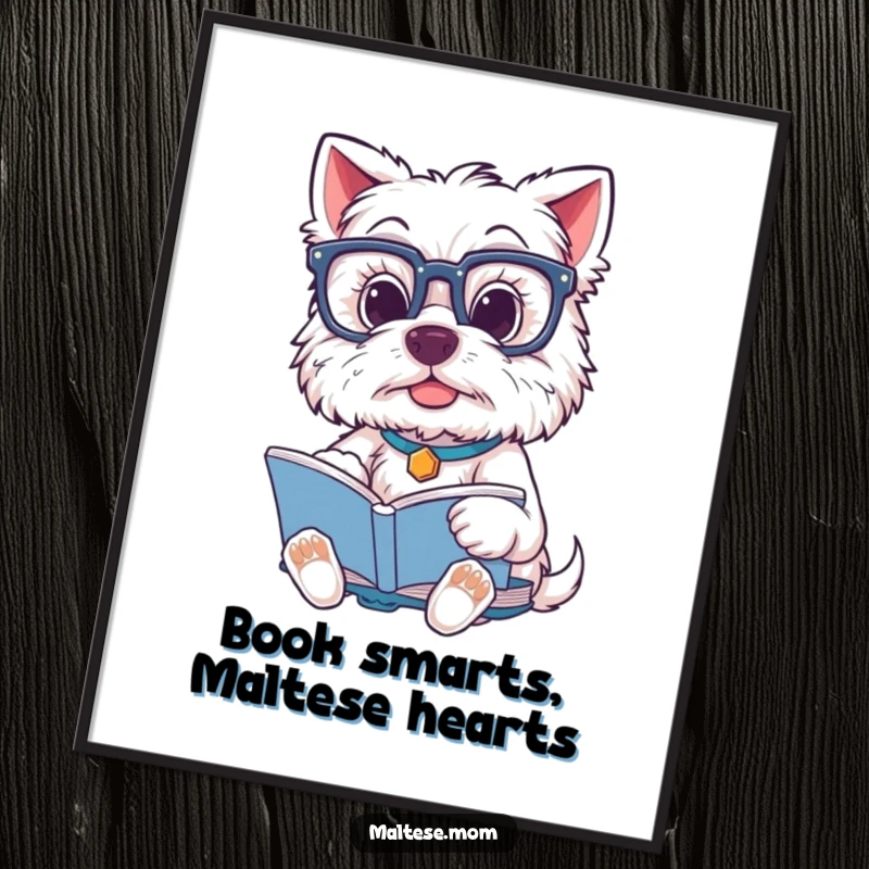 Funny free printable wall art: A cute Maltese dog with oversized glasses, looking studiously at a book, perfect for any home.