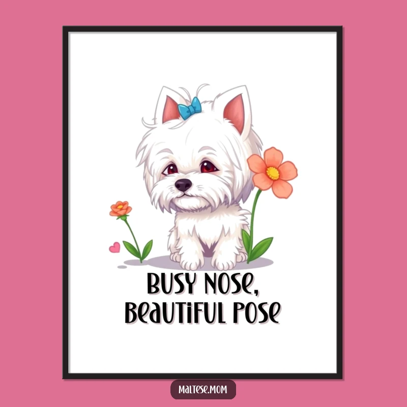 Free Printable Wall Art: Curious Maltese Flower Sniff - Humorous Decor
