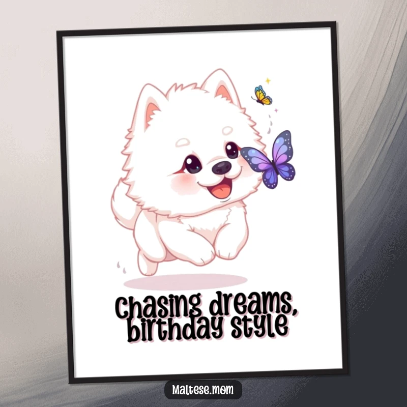 Funny free printable wall art: a fluffy white dog with a playful glint in its eyes enthusiastically chases a shimmering butterfly.