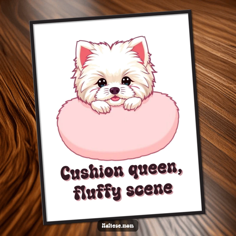 Funny Free Printable wall art showing a cute Maltese lady animal playfully peeking out from a soft, fluffy pink cushion, perfect decor.