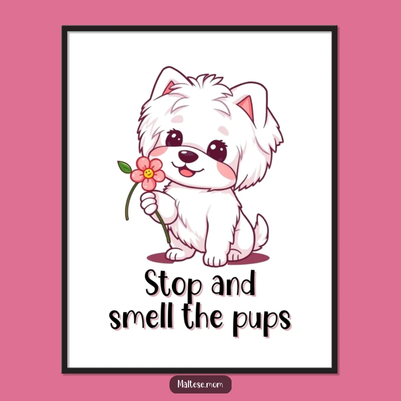 Cute Free Printable Wall Art: Smiling Maltese Dog with Flower, Downloadable Decor