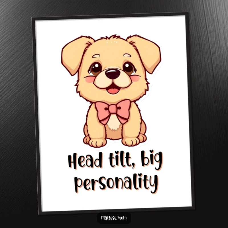 Funny Free Printable Wall Art: A small dog wearing a decorative bow, tilting its head curiously, looking playful.