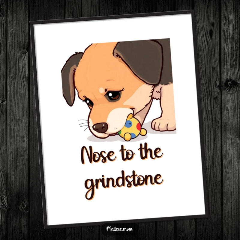 Funny Free Printable Wall Art: A dog nudging a small, colorful toy with its wet nose.