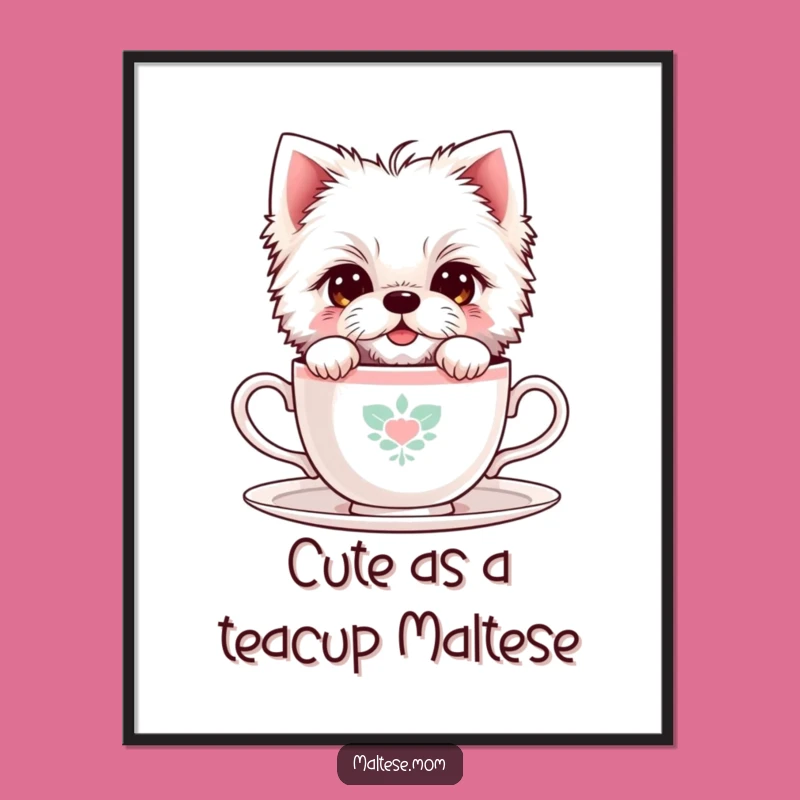 Free Printable Wall Art: Shy Maltese Dog, Teacup Peek Decor, Downloadable Art, Whimsical Home Accent