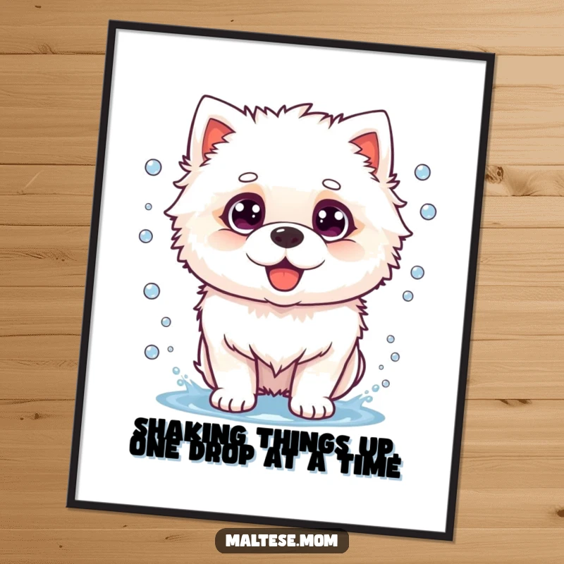 Funny Free Printable Wall Art: A fluffy white dog captured mid-shake, water droplets exploding outwards, a comical wet spectacle.