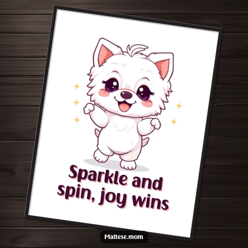 Funny free printable wall art of a happy Maltese puppy dancing with twinkling eyes and a wide, infectious grin.