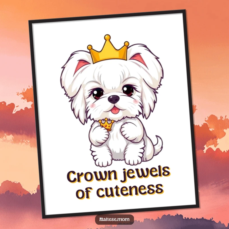 Funny Free Printable Wall Art: Kawaii Maltese dog with fluffy ears, proudly wearing a tiny golden crown.
