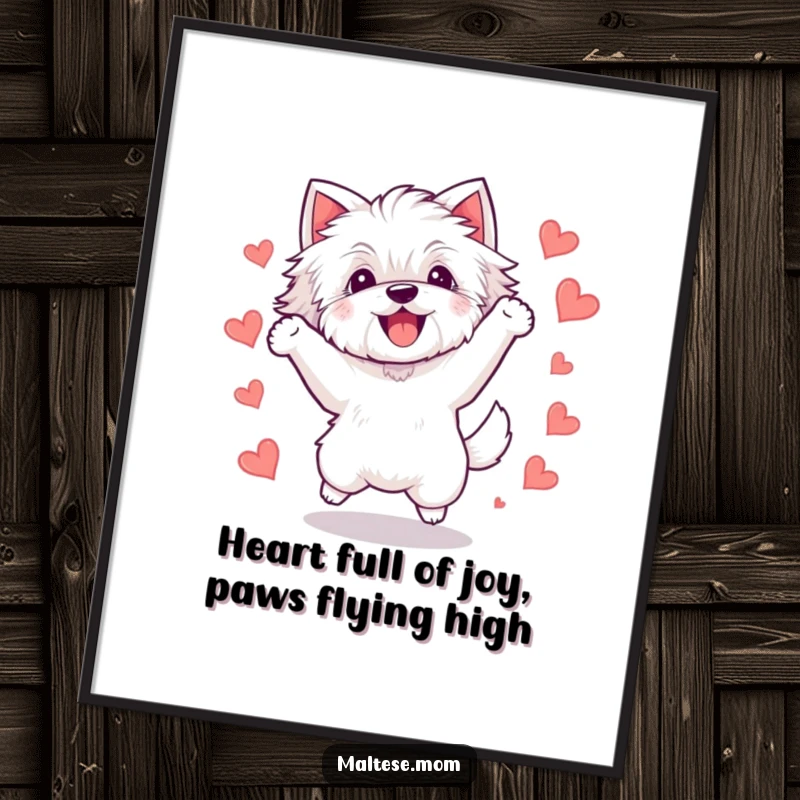 Funny Free Printable Wall Art depicting a Kawaii Maltese dog leaping with pure delight, surrounded by little hearts.