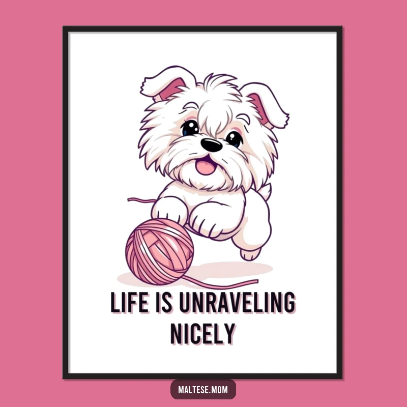 Free Printable Wall Art: Funny Maltese Dog Yarn Chase - Downloadable Decor