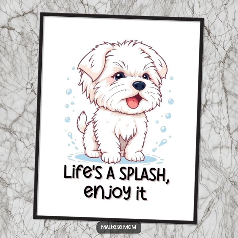 Funny Free Printable Wall Art: A happy Maltese puppy mid-shake, water droplets flying as it cleans itself.