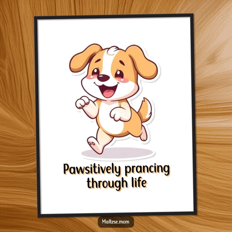 Funny Free Printable Wall Art: A dog character prancing with joy, front paws slightly off the ground, full of life.