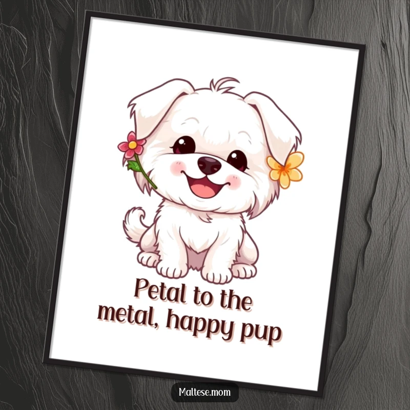 Funny Free Printable Wall Art: A happy Maltese dog with a flower tucked behind its ear, tail wagging with pure joy, a delightful scene.