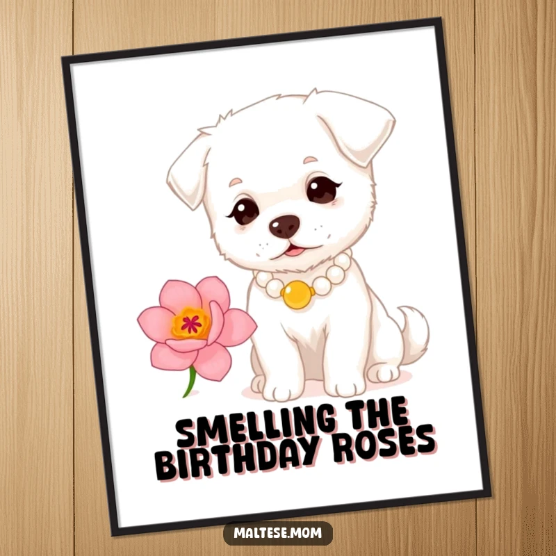 Funny free printable wall art: a small white dog adorned with a pearl necklace gently sniffs a beautifully fragrant blooming flower.