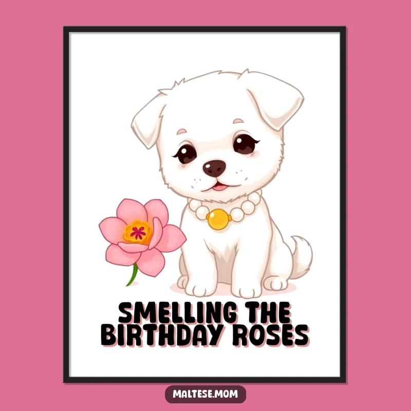 Funny Free Printable Wall Art: Pearl Dog Sniffing Flower Design Downloadable Art