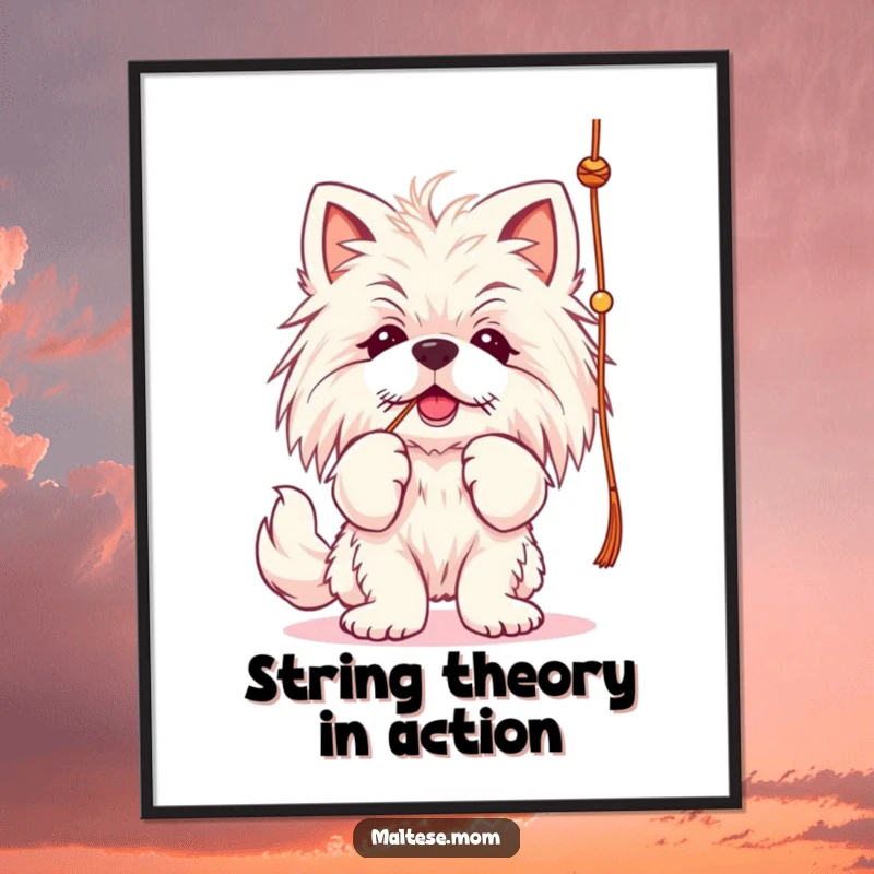 Funny Free Printable Wall Art: A Maltese dog playfully batting at a dangling string, capturing a moment of pure, lighthearted fun.