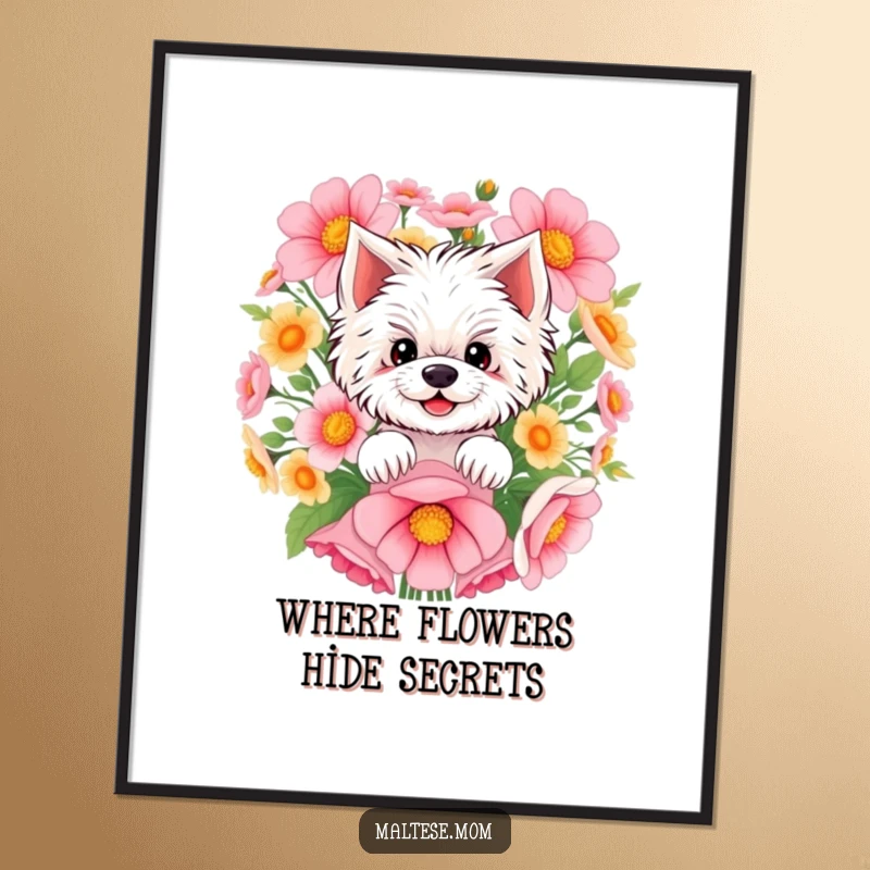 Funny Free Printable Wall Art: Smiling Maltese dog peeking from behind a huge bouquet of flowers, adding a playful vibe.
