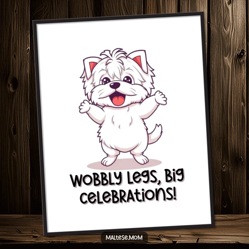 Funny Free Printable Wall Art: Kawaii Maltese dog doing a silly dance with wobbly legs, capturing spontaneous, joyful movement.
