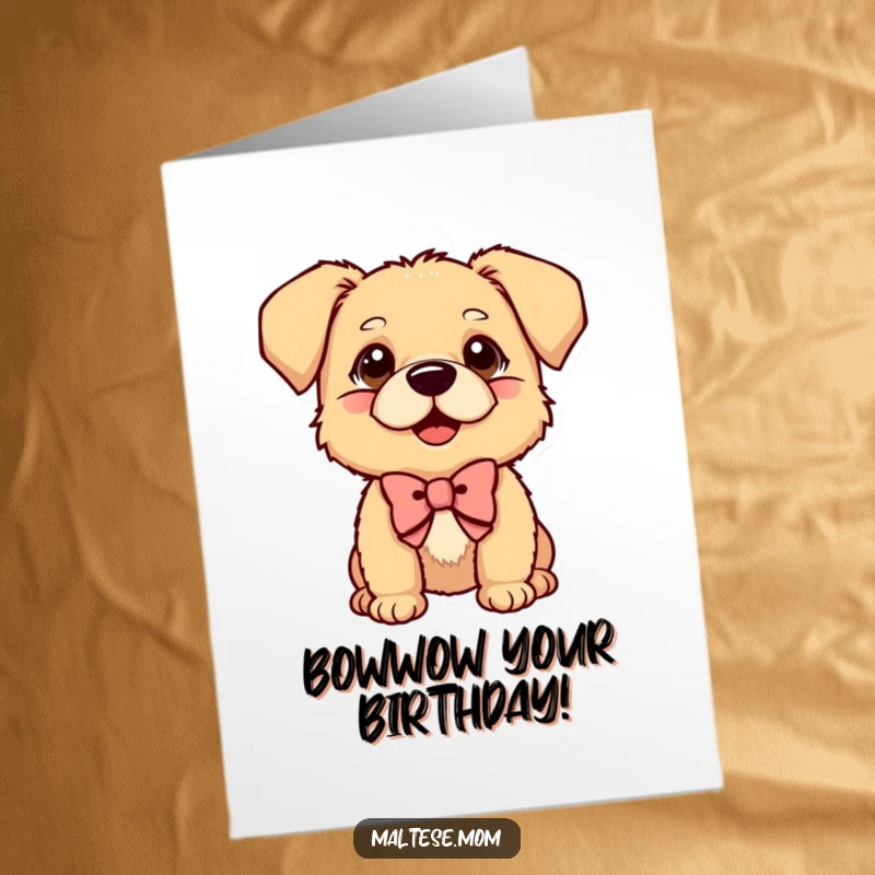 Funny Free Printable Birthday Card: Small dog wearing a bow, tilting head curiously, looking playfully adorable.