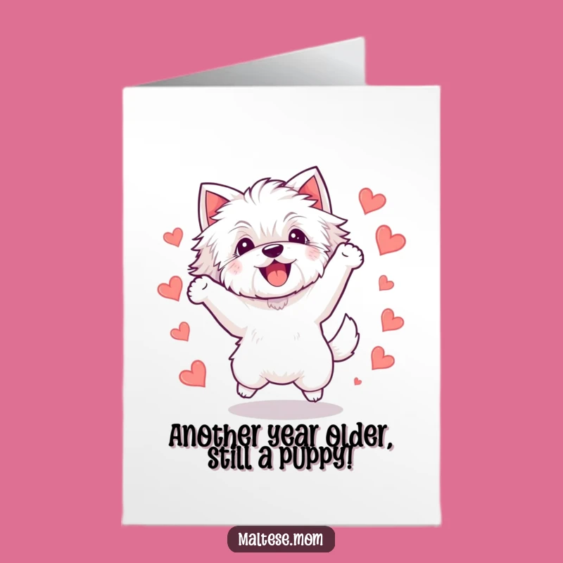 Free Printable Birthday Card: Funny Kawaii Maltese Dog Jumping Joyfully Downloadable Gift