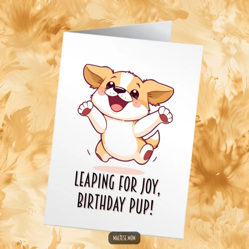 Funny Free Printable Birthday Card: Ecstatic dog leaping high with pure joy, ready to celebrate.