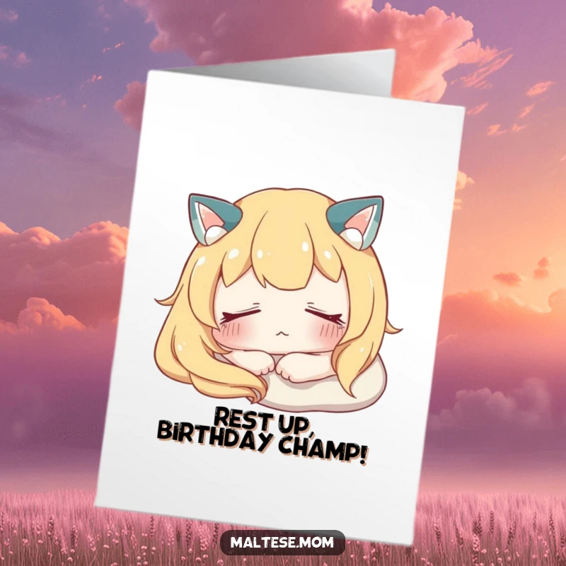 Free Printable Birthday Card: A character resting peacefully with eyes softly closed, wishing a serene birthday.