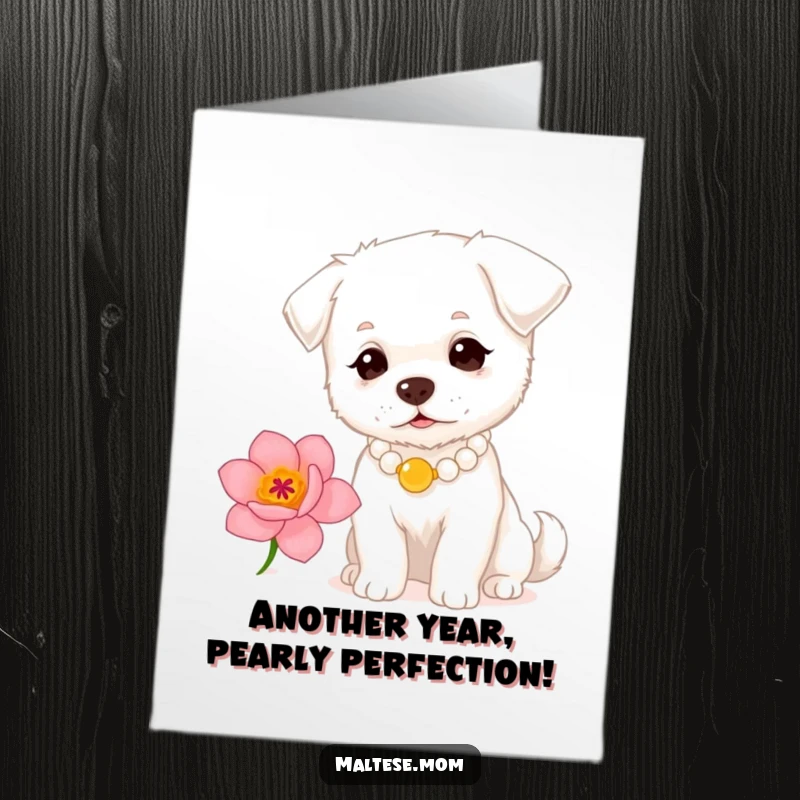 Funny free printable birthday card: a small white dog with a pearl necklace gently sniffs a beautiful, fragrant flower.