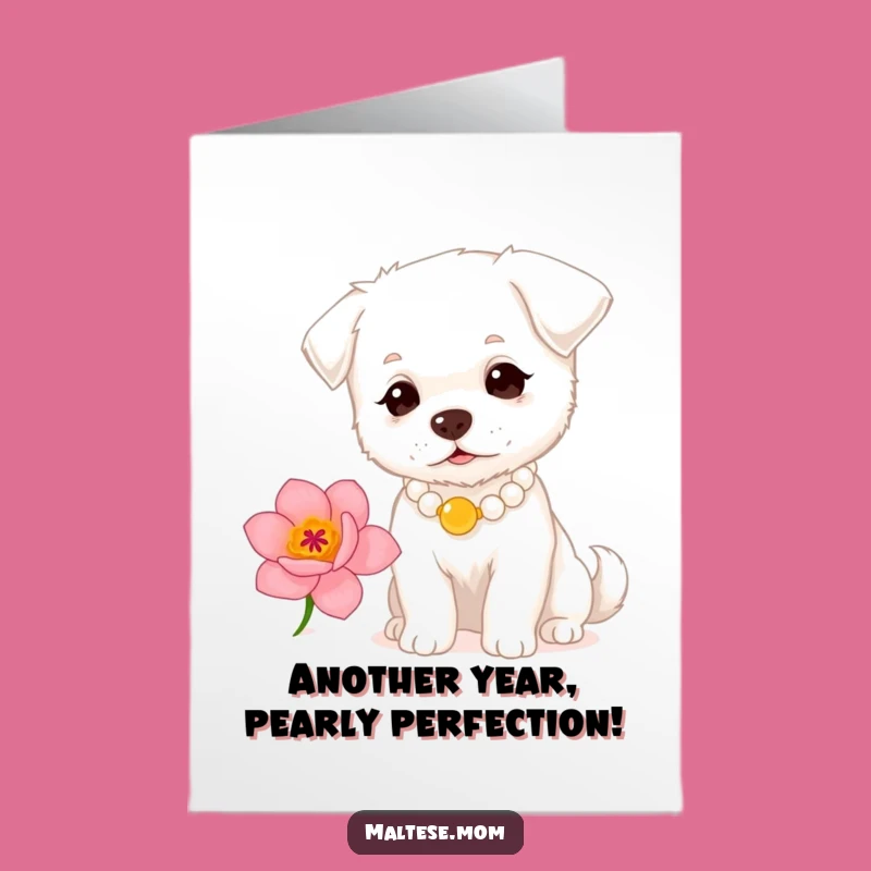 Free Printable Birthday Card: Pearl Dog Sniffing Flower Design Downloadable Gift