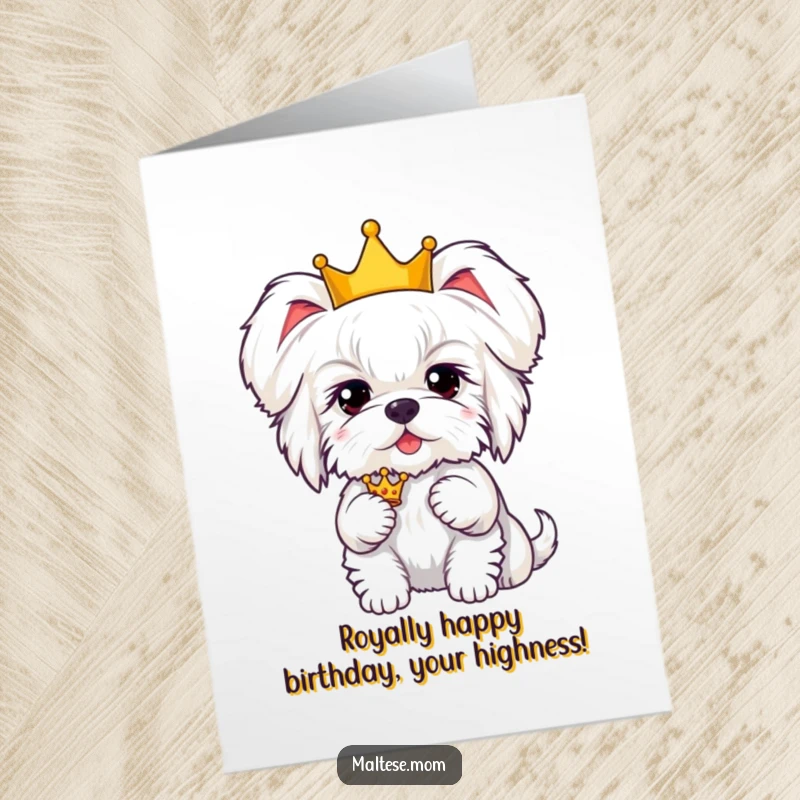 Funny Free Printable Birthday Card: Kawaii Maltese dog with fluffy ears holding a tiny golden crown, looking majestic.