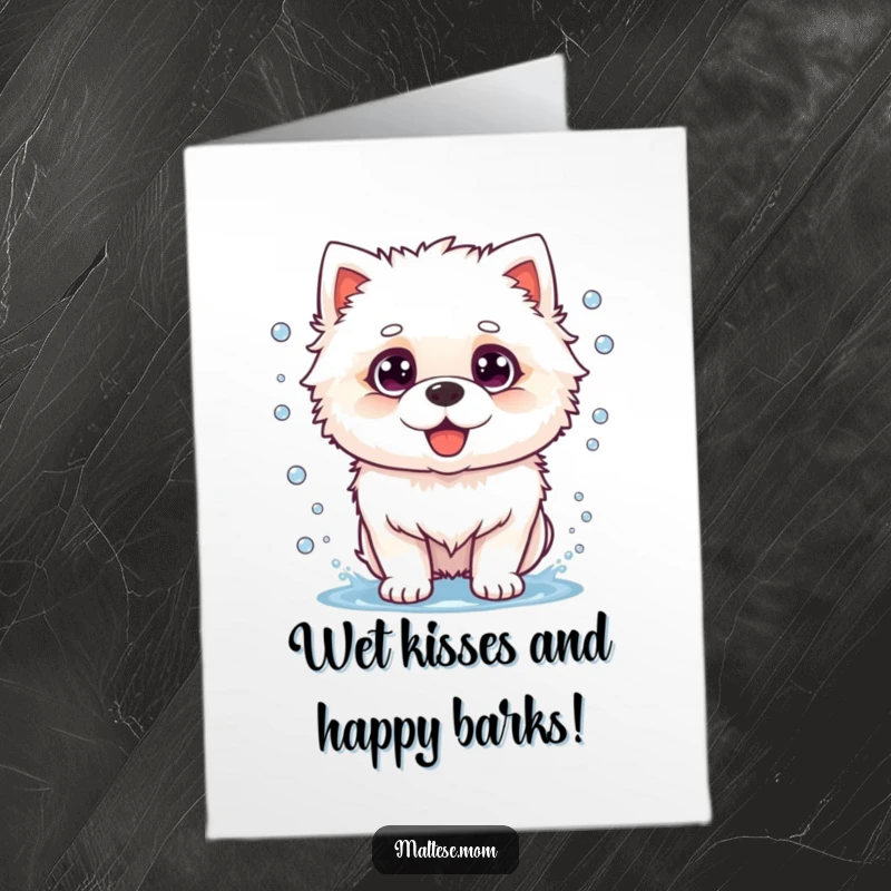 Funny Free Printable Birthday Card: A wet fluffy white dog shaking vigorously, water splashing everywhere, pure chaotic joy.
