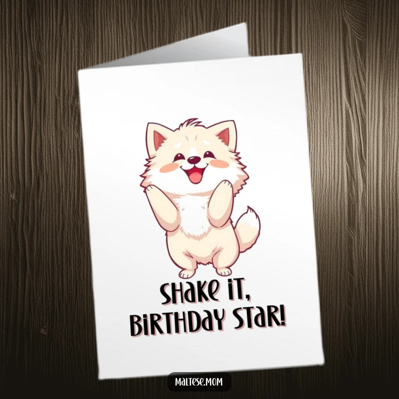 Funny Free Printable Birthday Card: Dog shaking its fluffy head with a joyful, energetic motion.