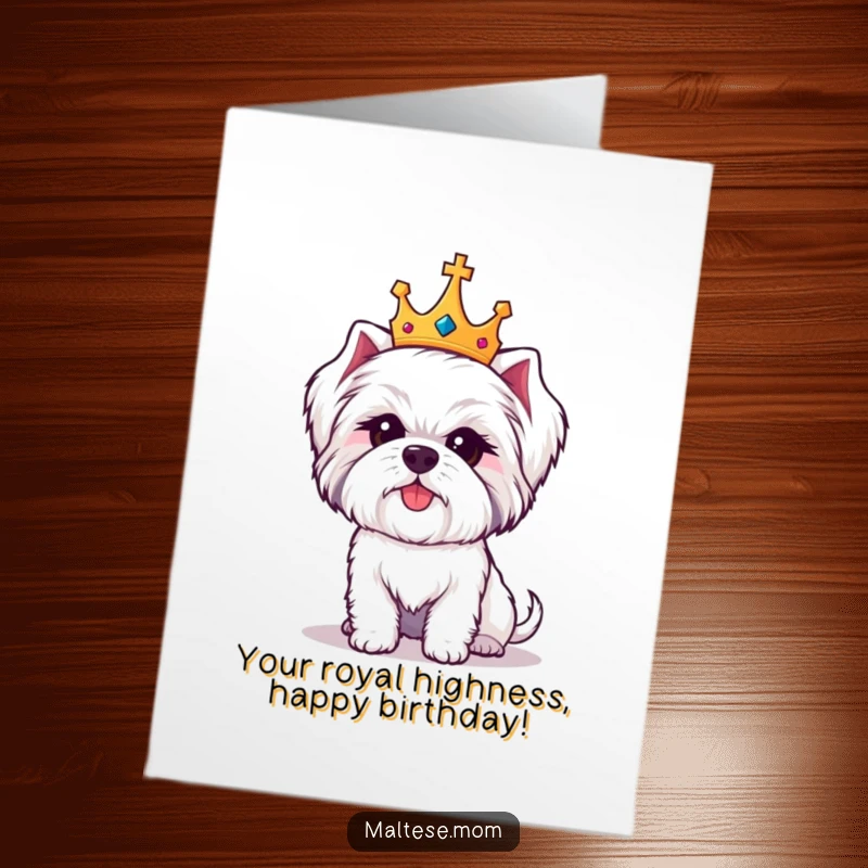 Funny Free Printable Birthday Card: A cute Maltese dog wearing a tiny golden crown, looking regal yet slightly amused, ready for celebration.