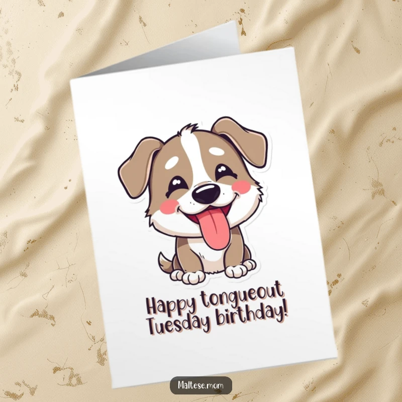 Funny Free Printable Birthday Card: A happy, goofy dog with its tongue peeking out, celebrating warmly.