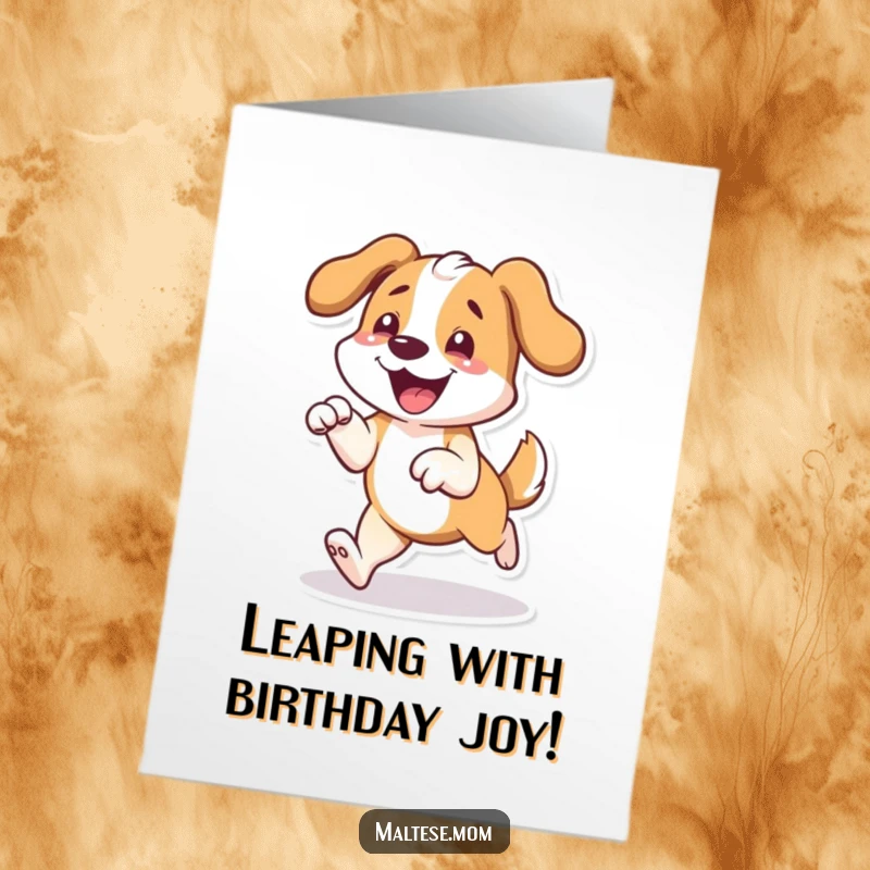 Funny Free Printable Birthday Card: A dog character joyfully prancing, front paws lifted slightly, radiating happiness.