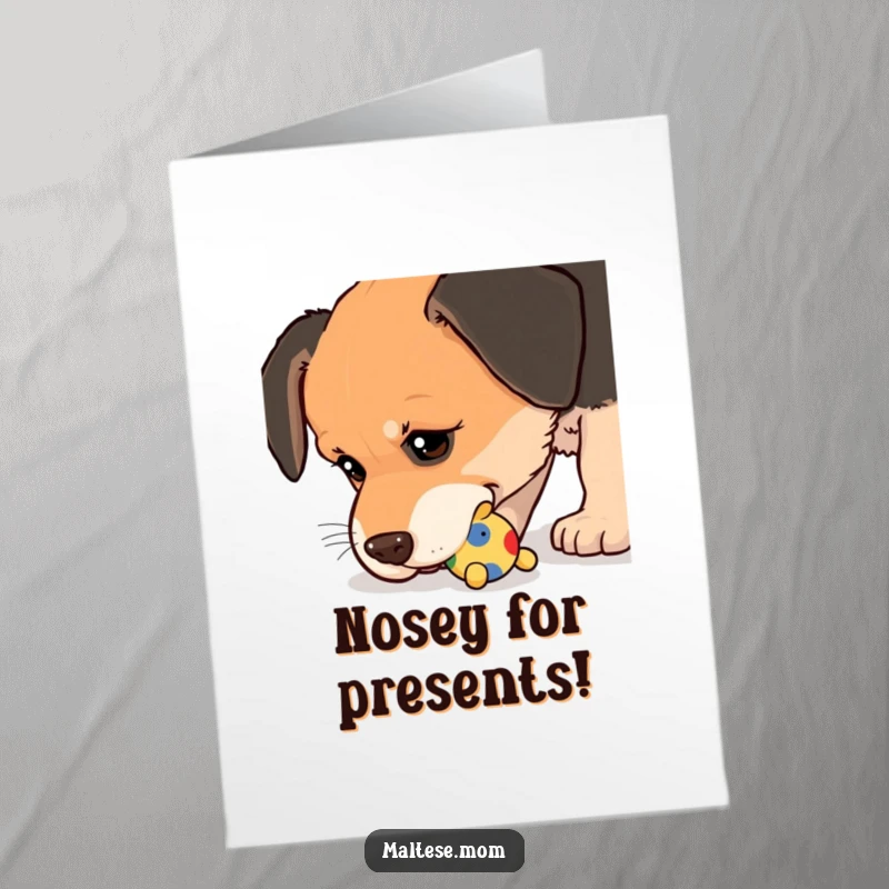 Funny Free Printable Birthday Card: Dog nudging a small, colorful toy with its wet nose.