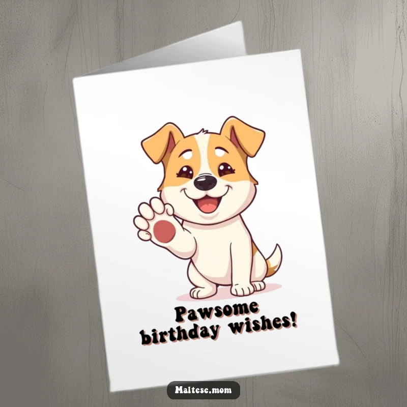 Funny Free Printable Birthday Card: A happy dog extending its paw for a friendly shake, grinning widely.