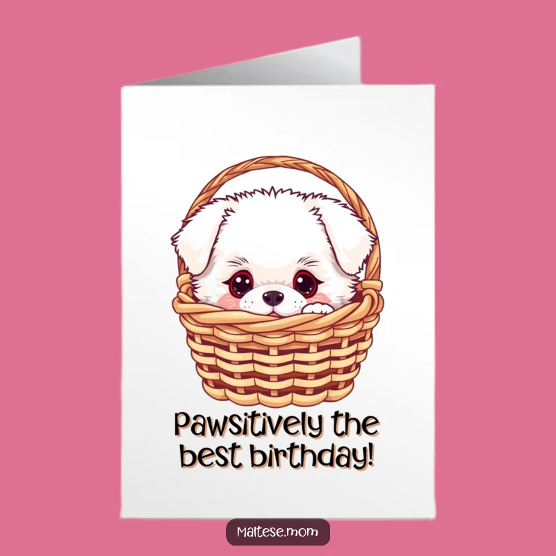 Free Printable Birthday Card: Fluffy Dog in Basket - Funny Downloadable Gift for Dog Lovers