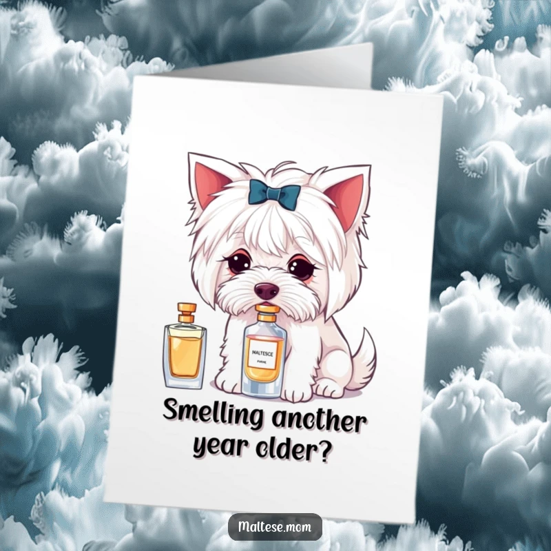 Funny Free Printable Maltese Birthday Card with a dog character delicately sniffing a tiny perfume bottle with a discerning nose.