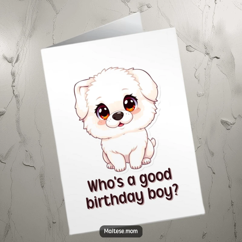 Funny Free Printable Birthday Card: Fluffy white dog with large, innocent eyes, tilting its head quizzically and adorably.