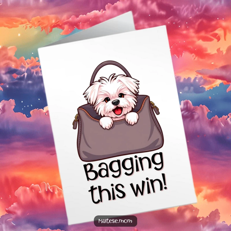 Funny Free Printable Congratulations Card featuring an excited Maltese dog peeking from a fashionable handbag, adding a stylish surprise.