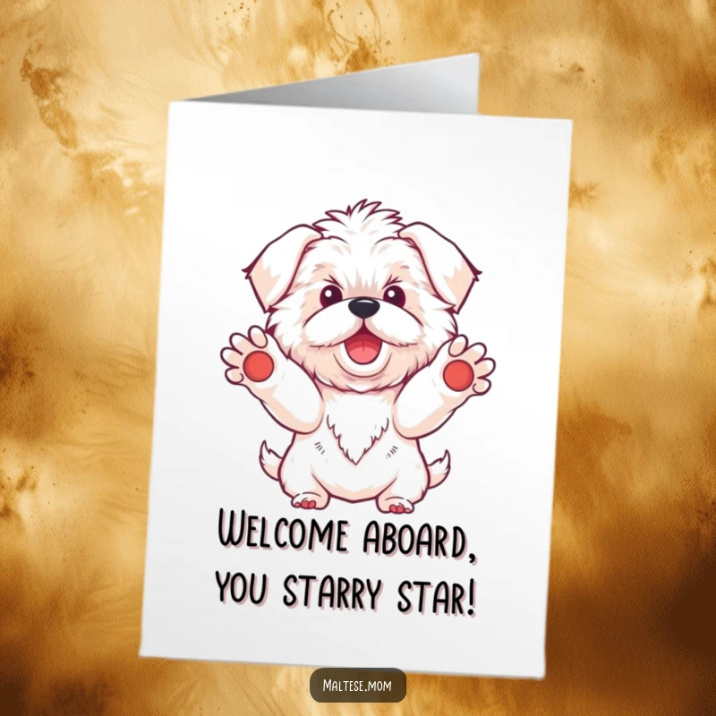 Funny Free Printable Congratulations Card featuring a Kawaii Maltese dog extending its paws in a welcoming gesture.